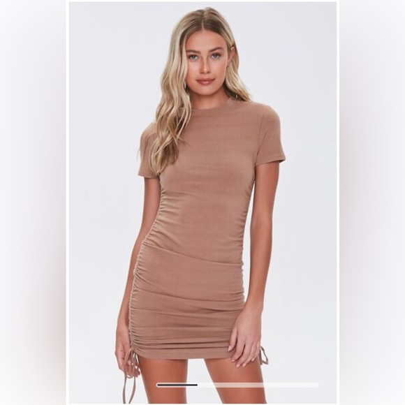 Forever 21 Knit T-Shirt Ruched Side Drawstring Tie Bodycon Mini Dress Brown S - Picture 2 of 7